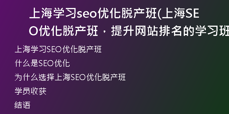 上海學(xué)習(xí)seo優(yōu)化脫產(chǎn)班(上海SEO優(yōu)化脫產(chǎn)班，提升網(wǎng)站排名的學(xué)習(xí)班)